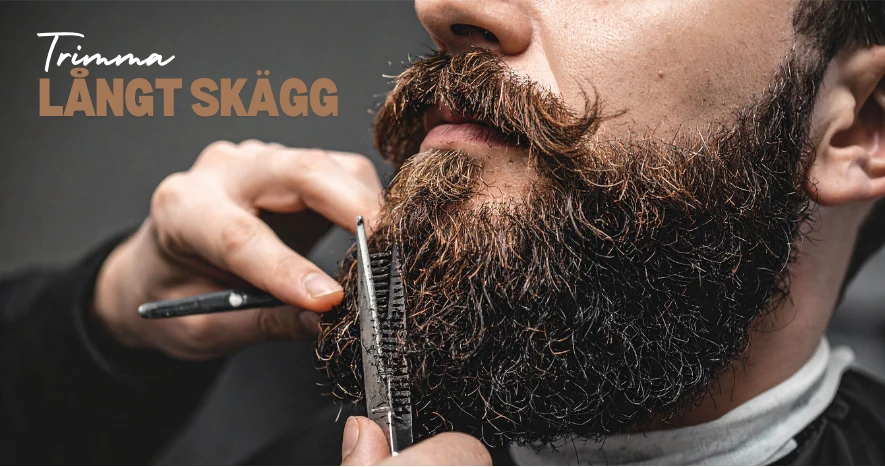 Trimmar ett långt skägg med skäggsax och skäggkam